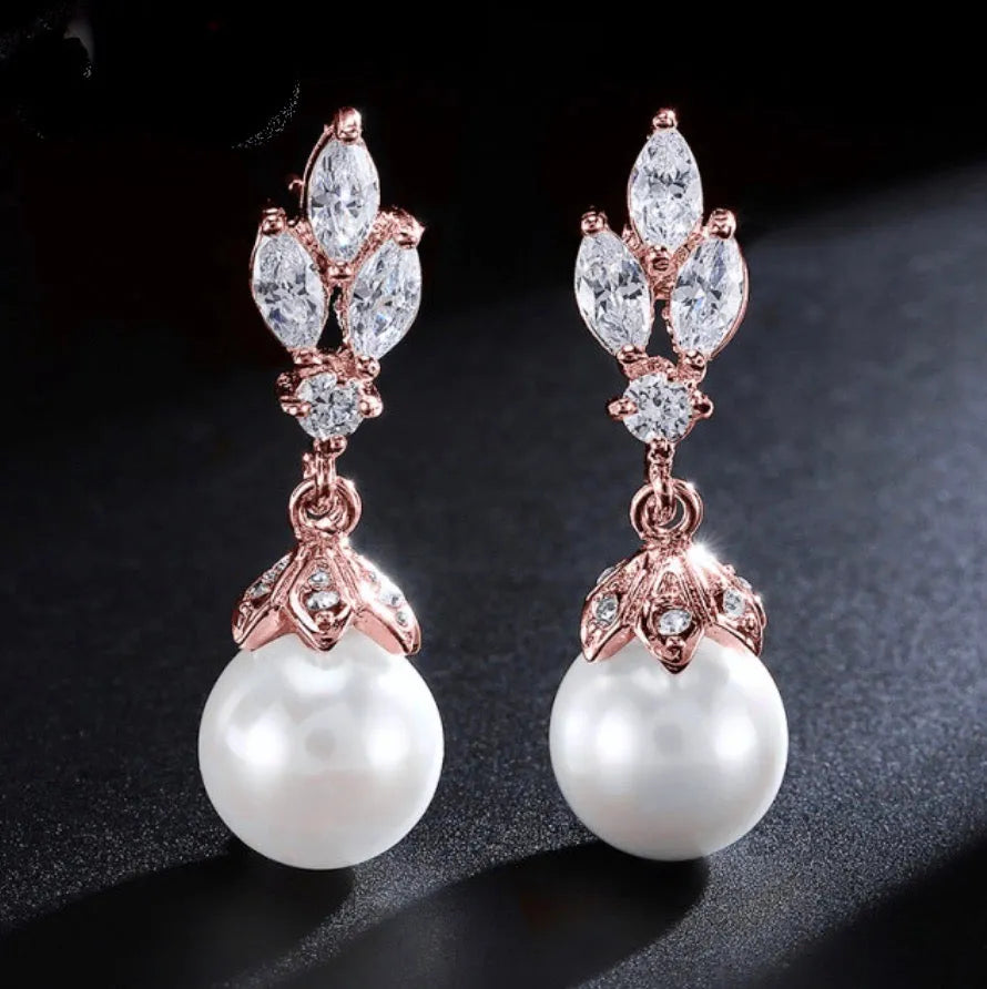 Pearl Wedding Jewelry - Pearl and Cubic Zirconia Bridal Earrings - Available in Rose Gold, Silver and Yellow Gold