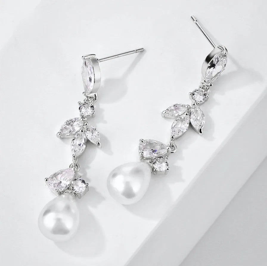 Wedding Jewelry - Pearl and Cubic Zirconia Bridal Earrings - Available in Rose Gold and Silver