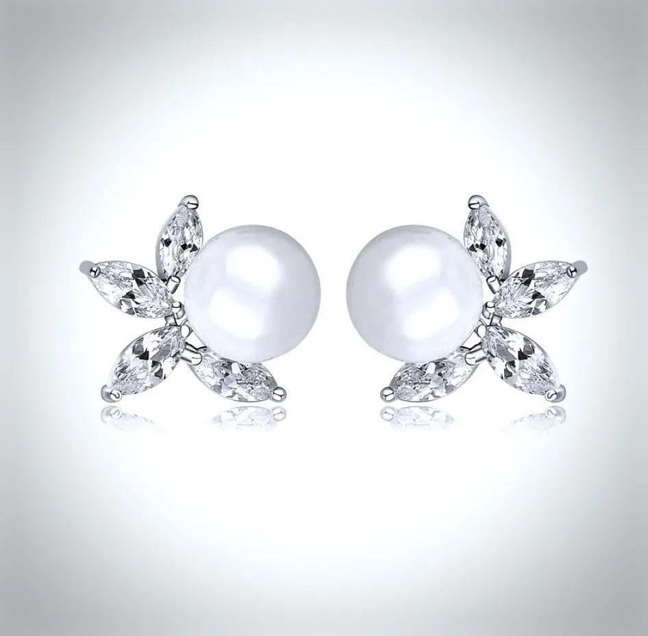 Wedding Jewelry - Pearl and Cubic Zirconia Bridal Earrings - Available in Silver, Rose Gold and Yellow Gold