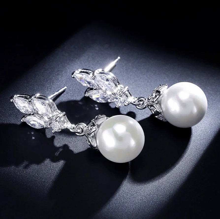 Pearl Wedding Jewelry - Pearl and Cubic Zirconia Bridal Earrings - Available in Rose Gold, Silver and Yellow Gold