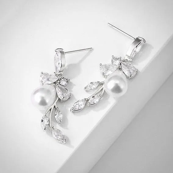 Wedding Jewelry - Pearl and Cubic Zirconia Bridal Earrings - Available in Rose Gold and Silver