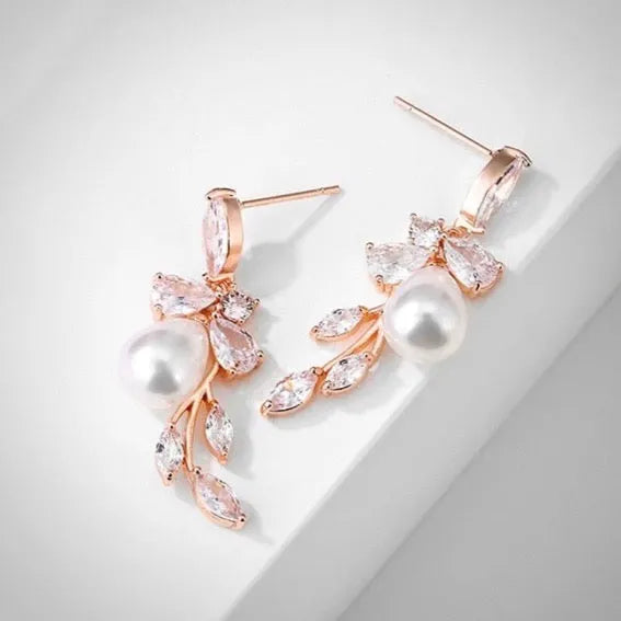 Wedding Jewelry - Pearl and Cubic Zirconia Bridal Earrings - Available in Rose Gold and Silver