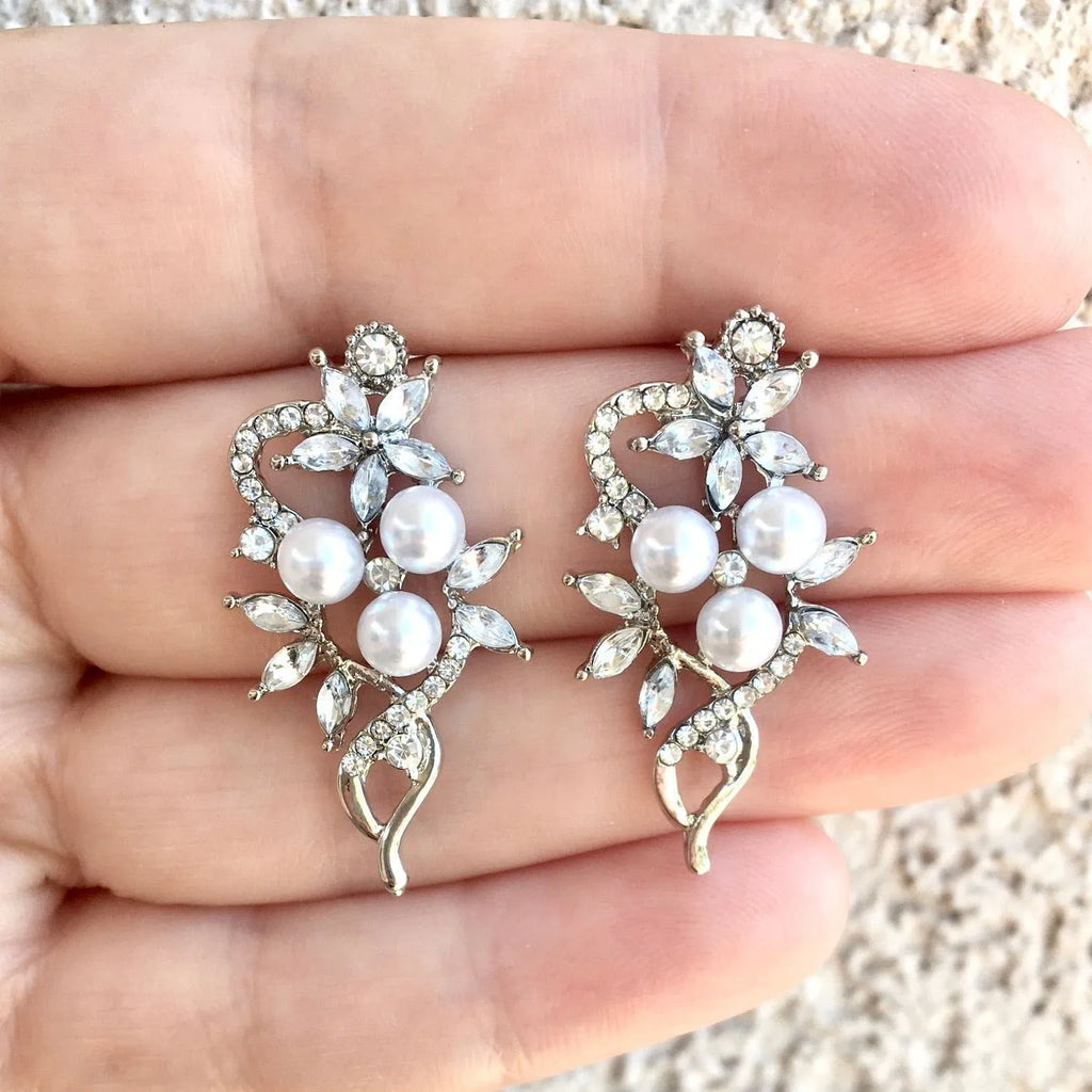 Wedding Jewelry - Pearl and Cubic Zirconia Bridal Earrings