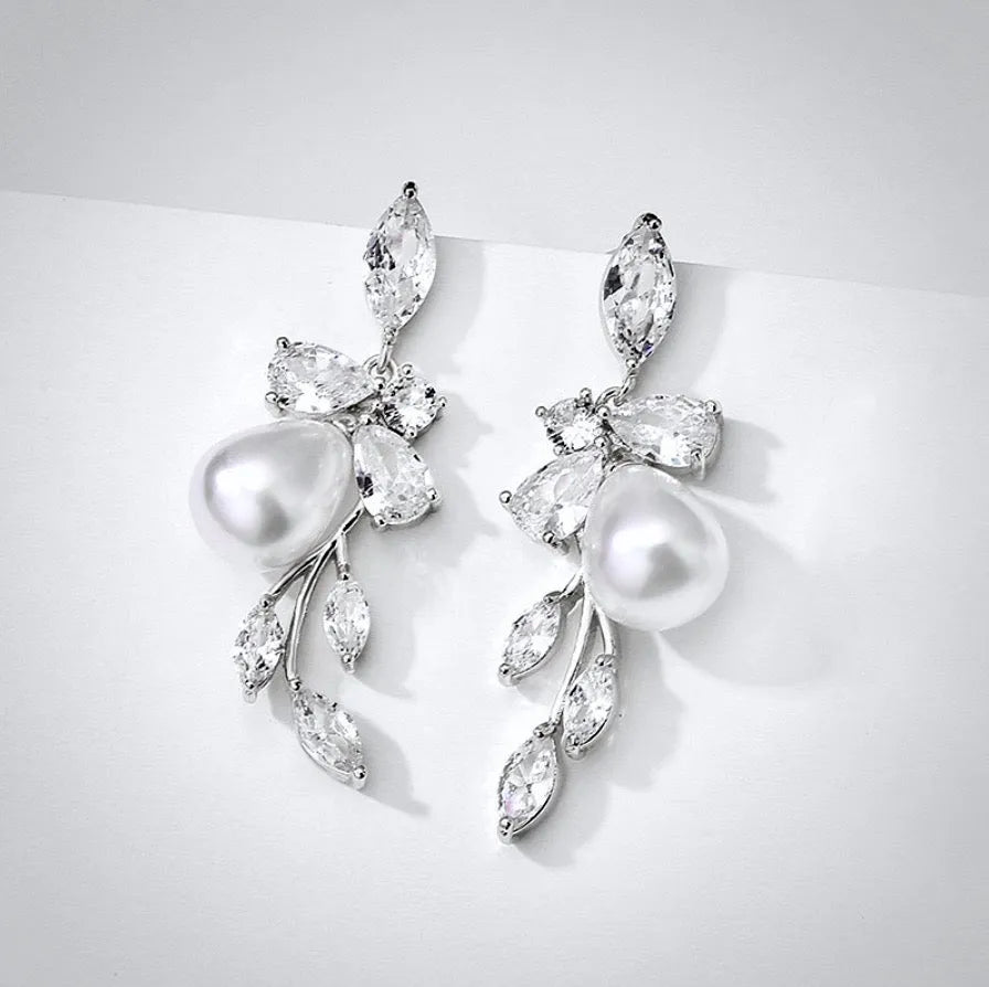 Wedding Jewelry - Pearl and Cubic Zirconia Bridal Earrings - Available in Rose Gold and Silver