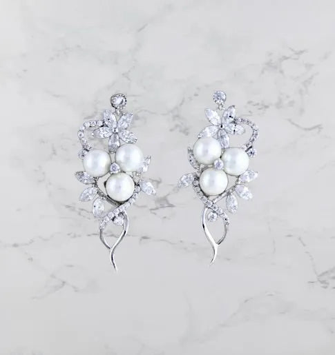 Wedding Jewelry - Pearl and Cubic Zirconia Bridal Earrings
