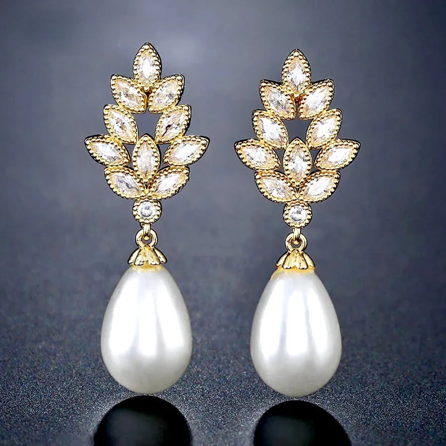 Pearl Wedding Jewelry - Pearl and Cubic Zirconia Bridal Earrings - Available in Gold, Silver and Rose Gold