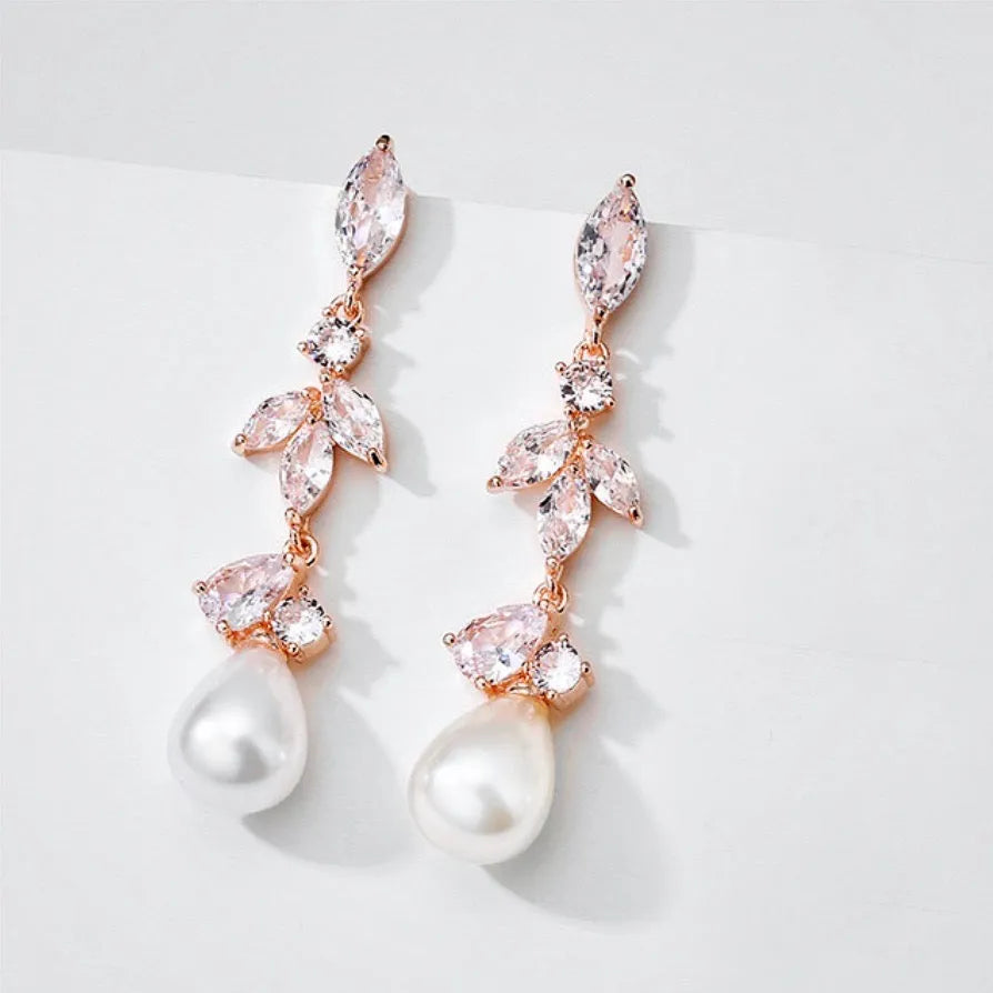 Wedding Jewelry - Pearl and Cubic Zirconia Bridal Earrings - Available in Rose Gold and Silver
