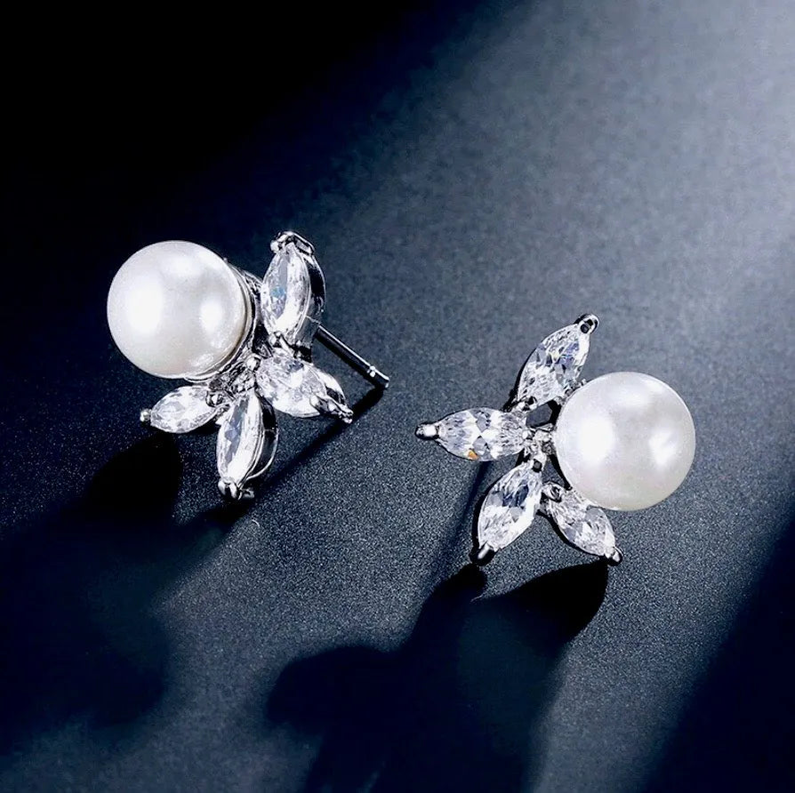 Wedding Jewelry - Pearl and Cubic Zirconia Bridal Earrings - Available in Silver, Rose Gold and Yellow Gold