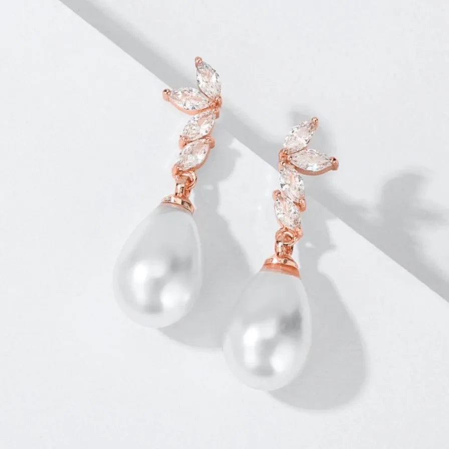 Pearl Wedding Jewelry - Pearl and Cubic Zirconia Bridal Earrings - Available in Rose Gold, Silver and Yellow Gold