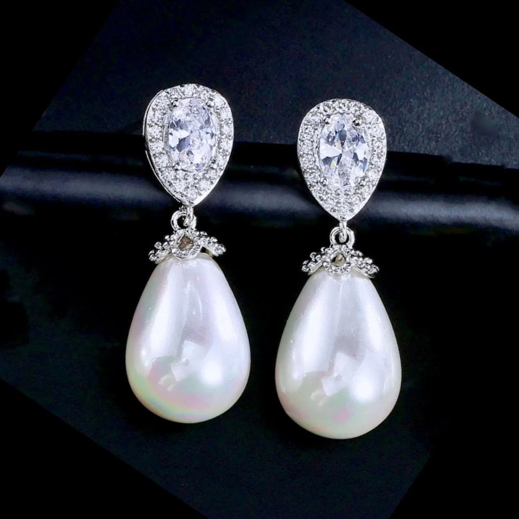 Pearl Wedding Jewelry - Pearl and Cubic Zirconia Bridal Earrings - Available in Rose Gold, Silver and Yellow Gold