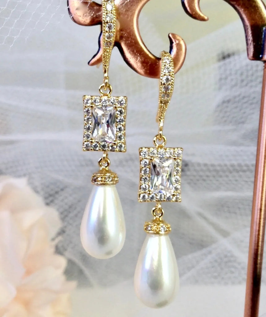 Pearl Wedding Jewelry - Pearl and CZ Bridal Earrings - Available in Silver and Yellow Gold