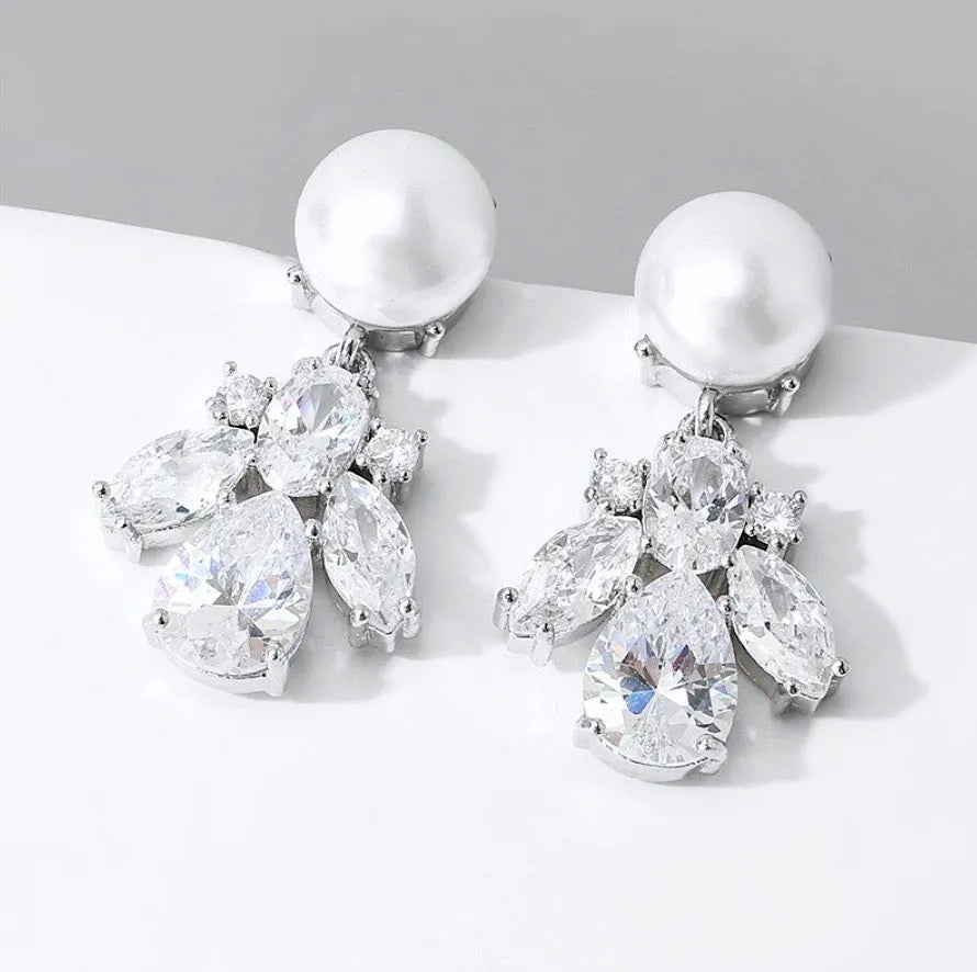 Wedding Jewelry - Pearl and Cubic Zirconia Bridal Earrings