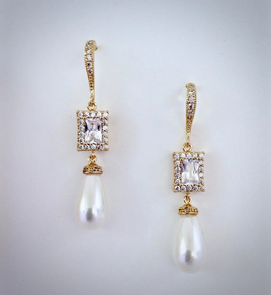 Pearl Wedding Jewelry - Pearl and CZ Bridal Earrings - Available in Silver and Yellow Gold