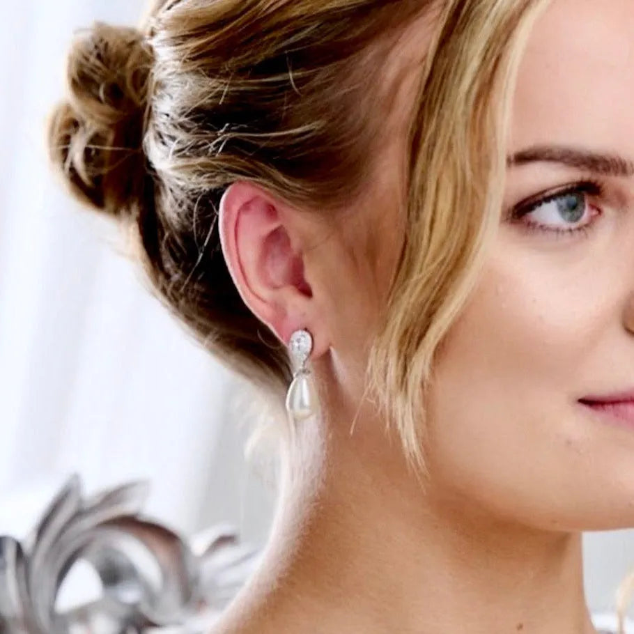 Pearl Wedding Jewelry - Pearl and Cubic Zirconia Bridal Earrings - Available in Rose Gold, Silver and Yellow Gold