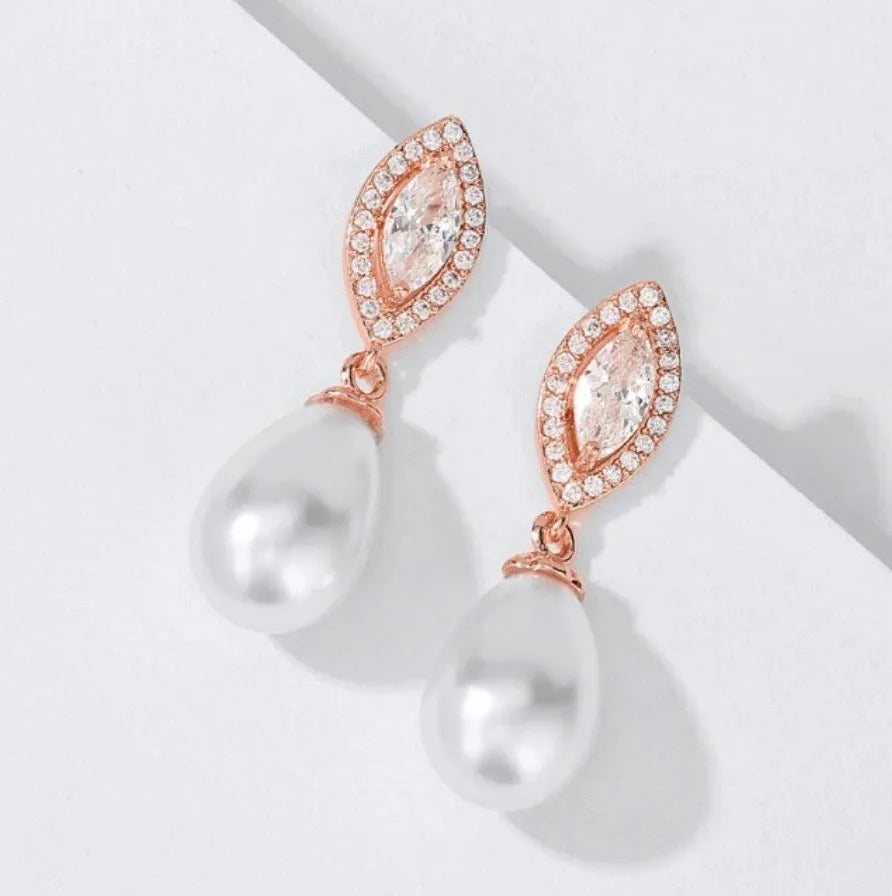 Wedding Jewelry - Pearl and Cubic Zirconia Bridal Earrings - Available in Rose Gold, Silver and Yellow Gold