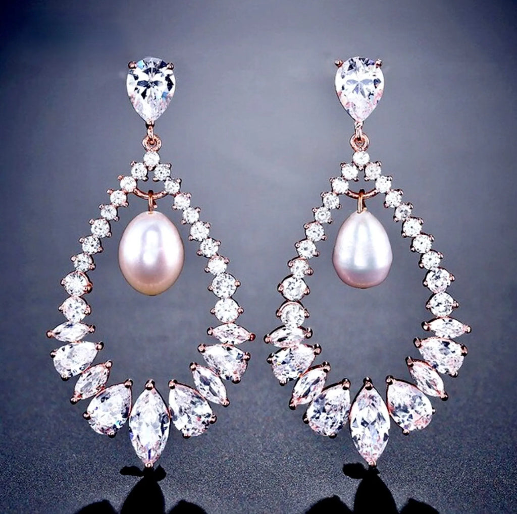 Wedding Jewelry - Pearl and Cubic Zirconia Bridal Earrings - Available in Silver and Rose Gold