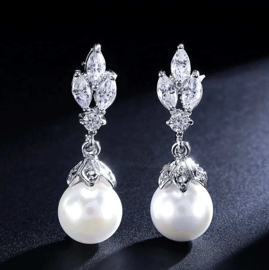 Pearl Wedding Jewelry - Pearl and Cubic Zirconia Bridal Earrings - Available in Rose Gold, Silver and Yellow Gold