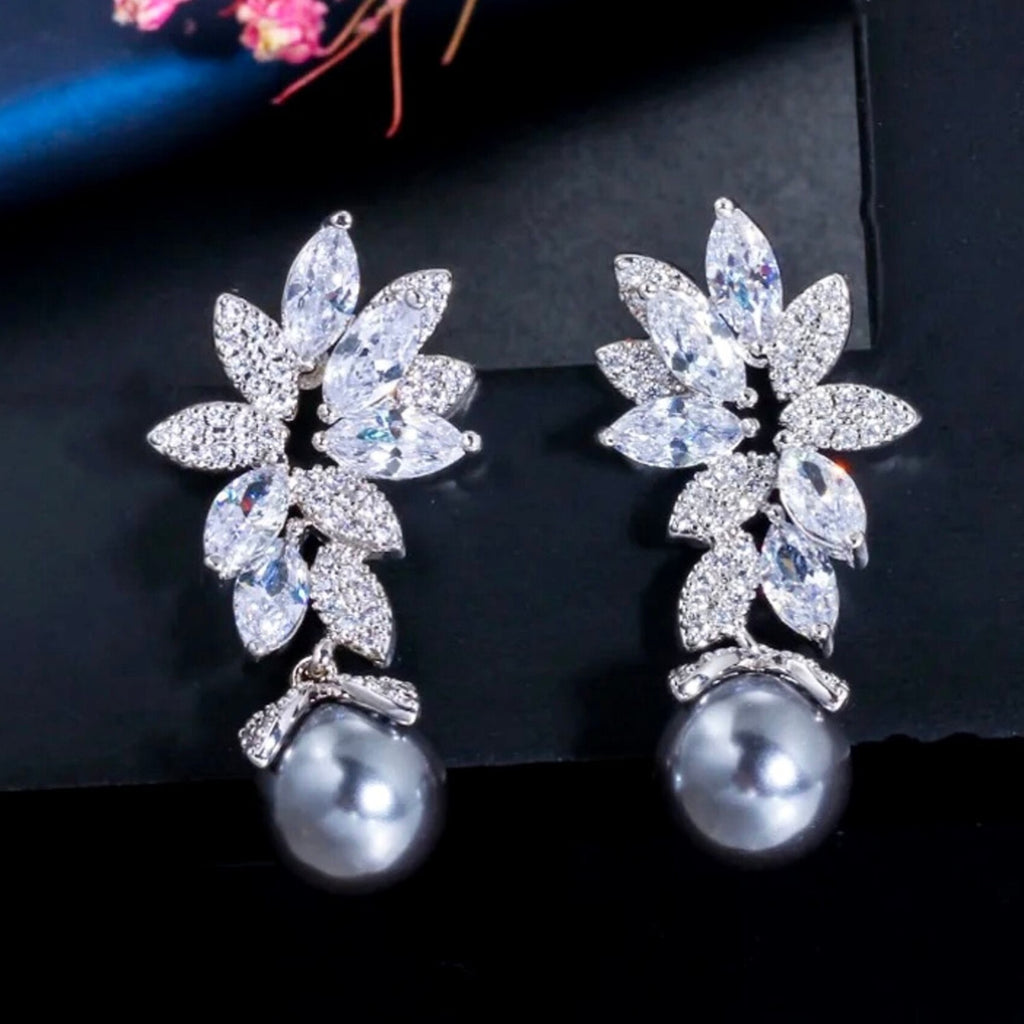 Wedding Jewelry - Gray Pearl and Cubic Zirconia Bridal Earrings