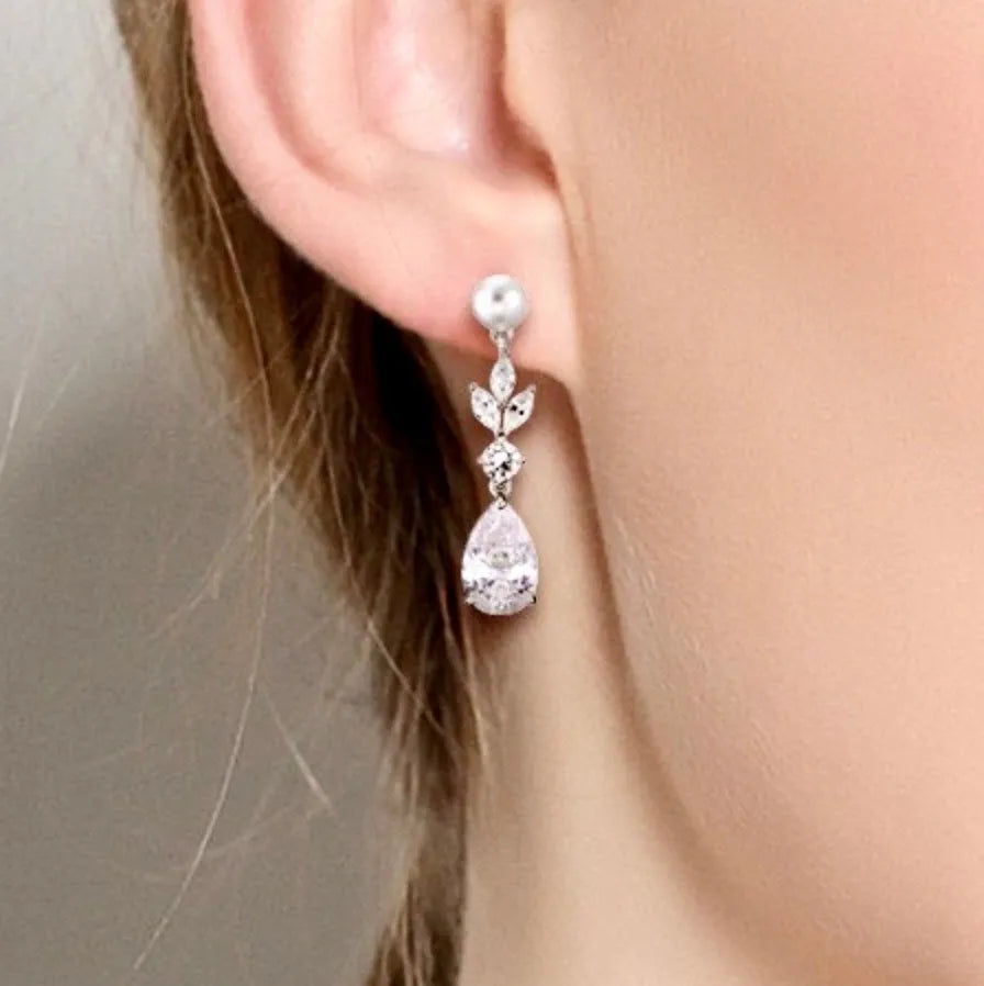 Wedding Jewelry - Pearl and Cubic Zirconia Bridal Earrings - Available in Silver, Rose Gold and Yellow Gold