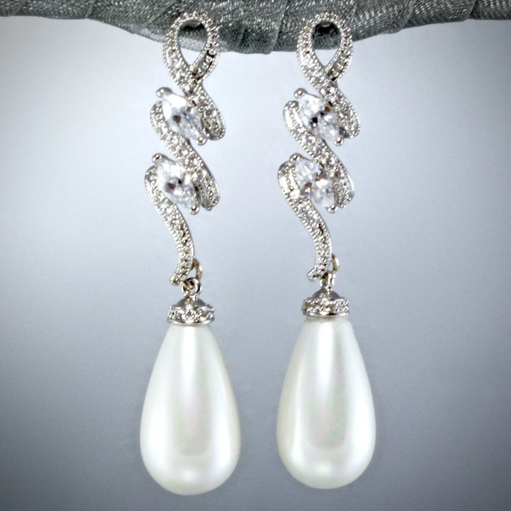 Pearl Wedding Jewelry - Pearl and Cubic Zirconia Bridal Earrings