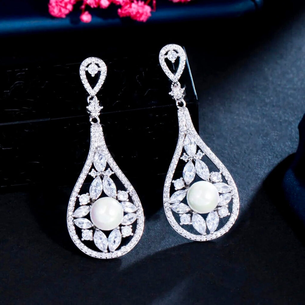Pearl Wedding Jewelry - Pearl and Cubic Zirconia Bridal Earrings