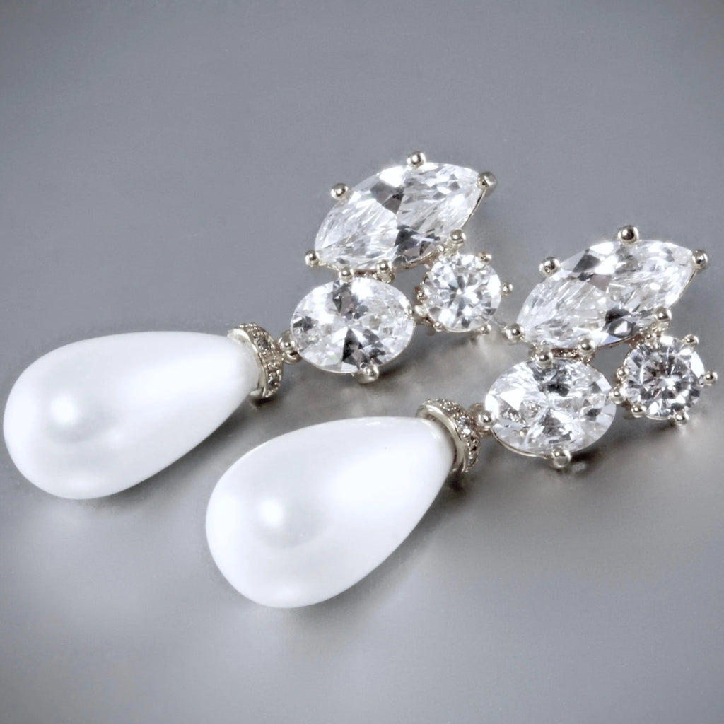 Pearl Wedding Jewelry - Bridal Pearl Drop Earrings - Available in Silver and Yellow Gold