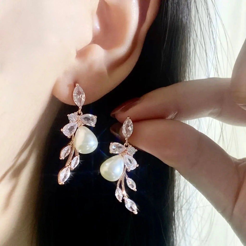 Wedding Jewelry - Pearl and Cubic Zirconia Bridal Earrings - Available in Rose Gold and Silver