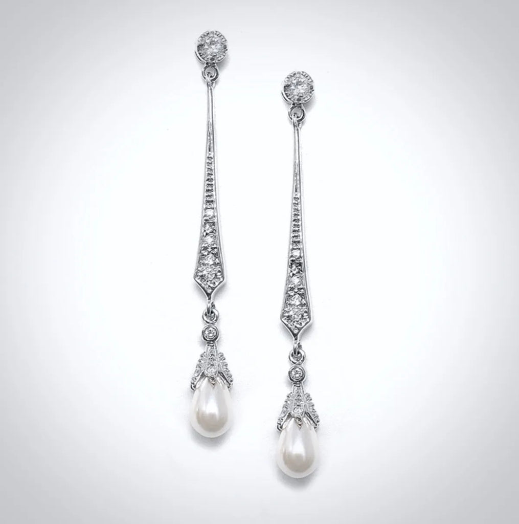Wedding Jewelry - Art Deco Pearl and Cubic Zirconia Bridal Earrings - Available in Silver, Rose Gold and Yellow Gold