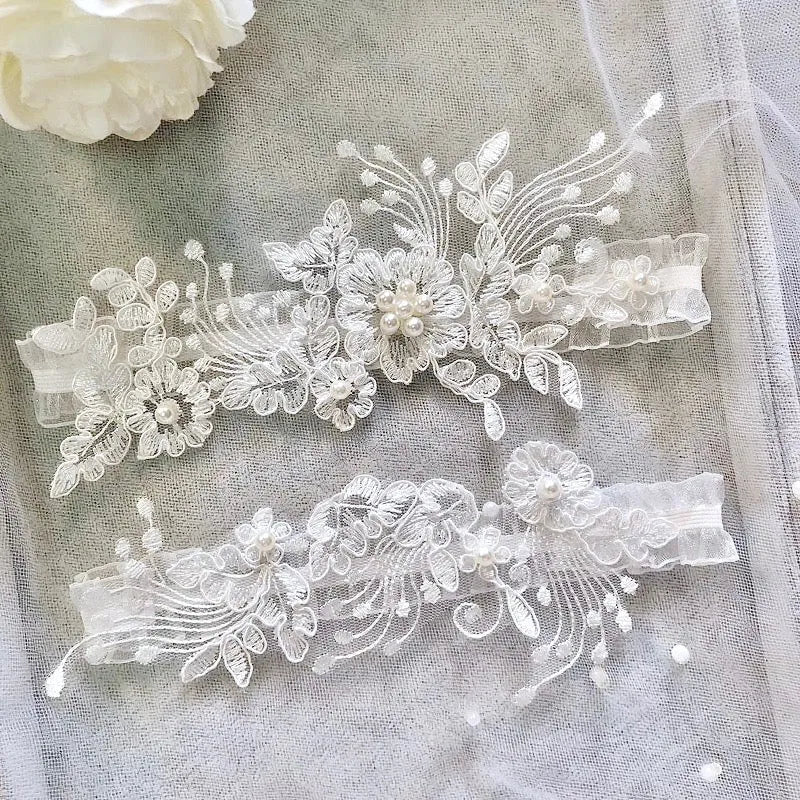 Wedding Accessories - Lace and Pearl Bridal Garter Set