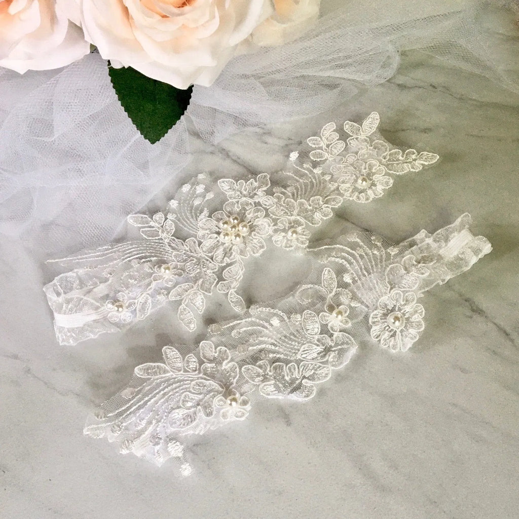 Wedding Accessories - Lace and Pearl Bridal Garter Set