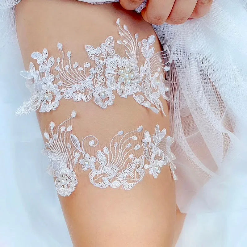 Wedding Accessories - Lace and Pearl Bridal Garter Set