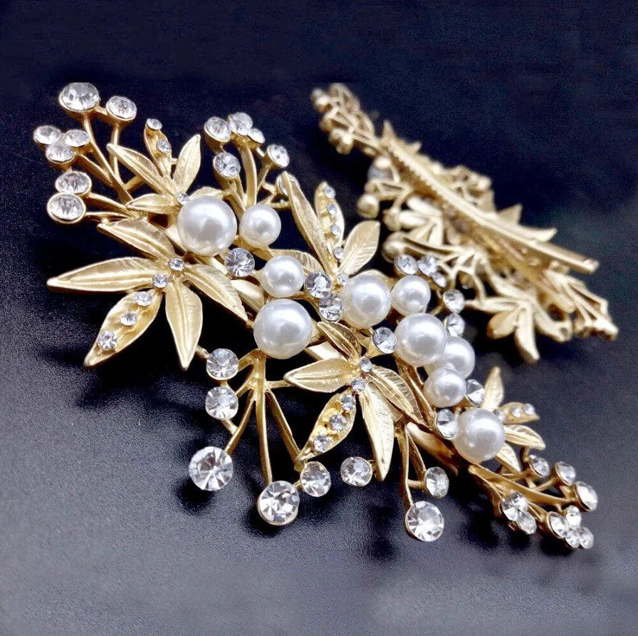 Wedding Hair Accessories - Gold Pearl and Crystal Bridal Hair Clip