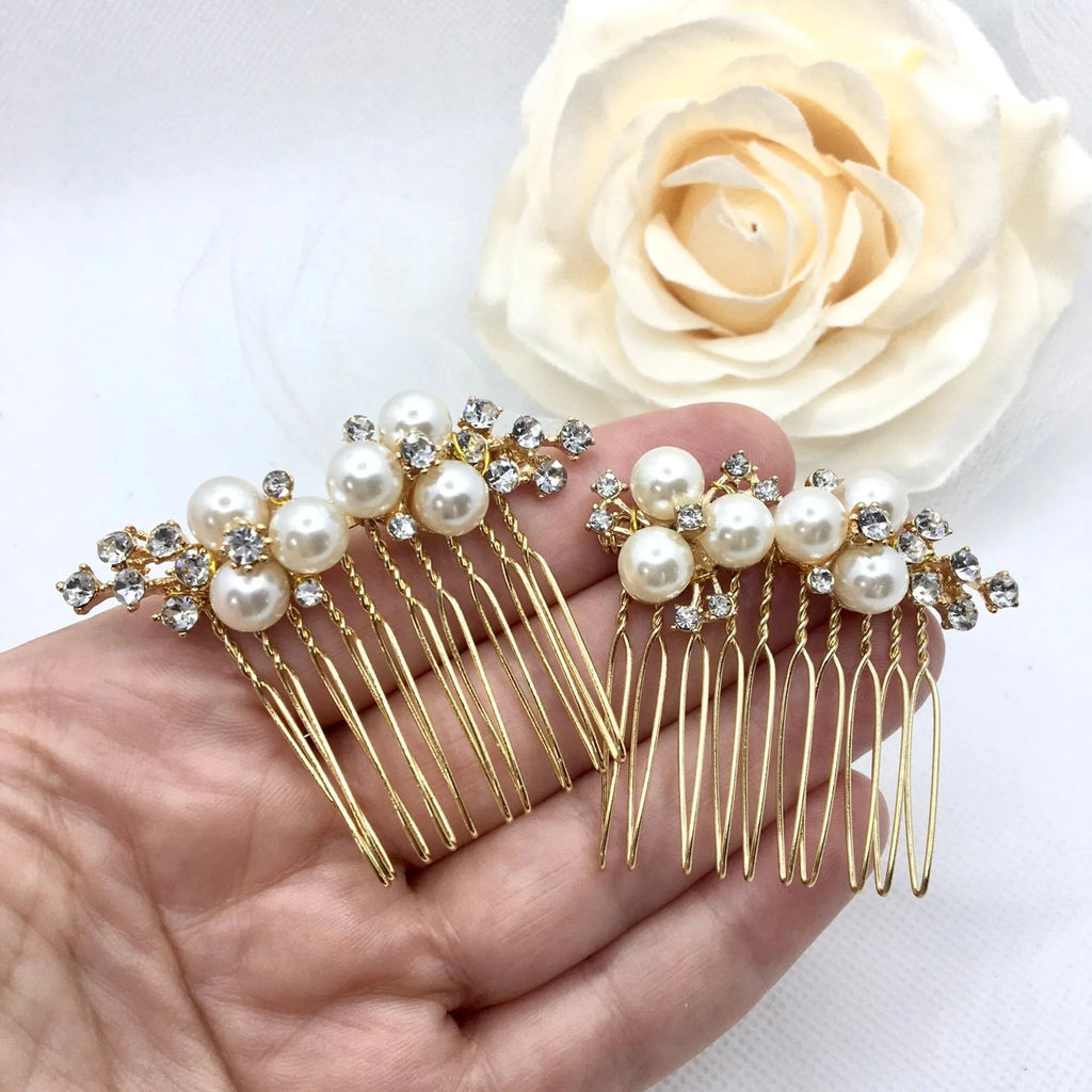 Wedding Hair Accessories - Pearl Bridal Hair Comb Set of 2 - Available in Gold and Silver