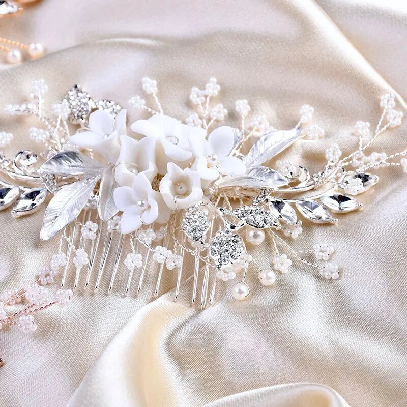 Wedding Hair Accessories - Ceramic Flowers Bridal Hair Comb - Available in Silver, Rose Gold and Yellow Gold
