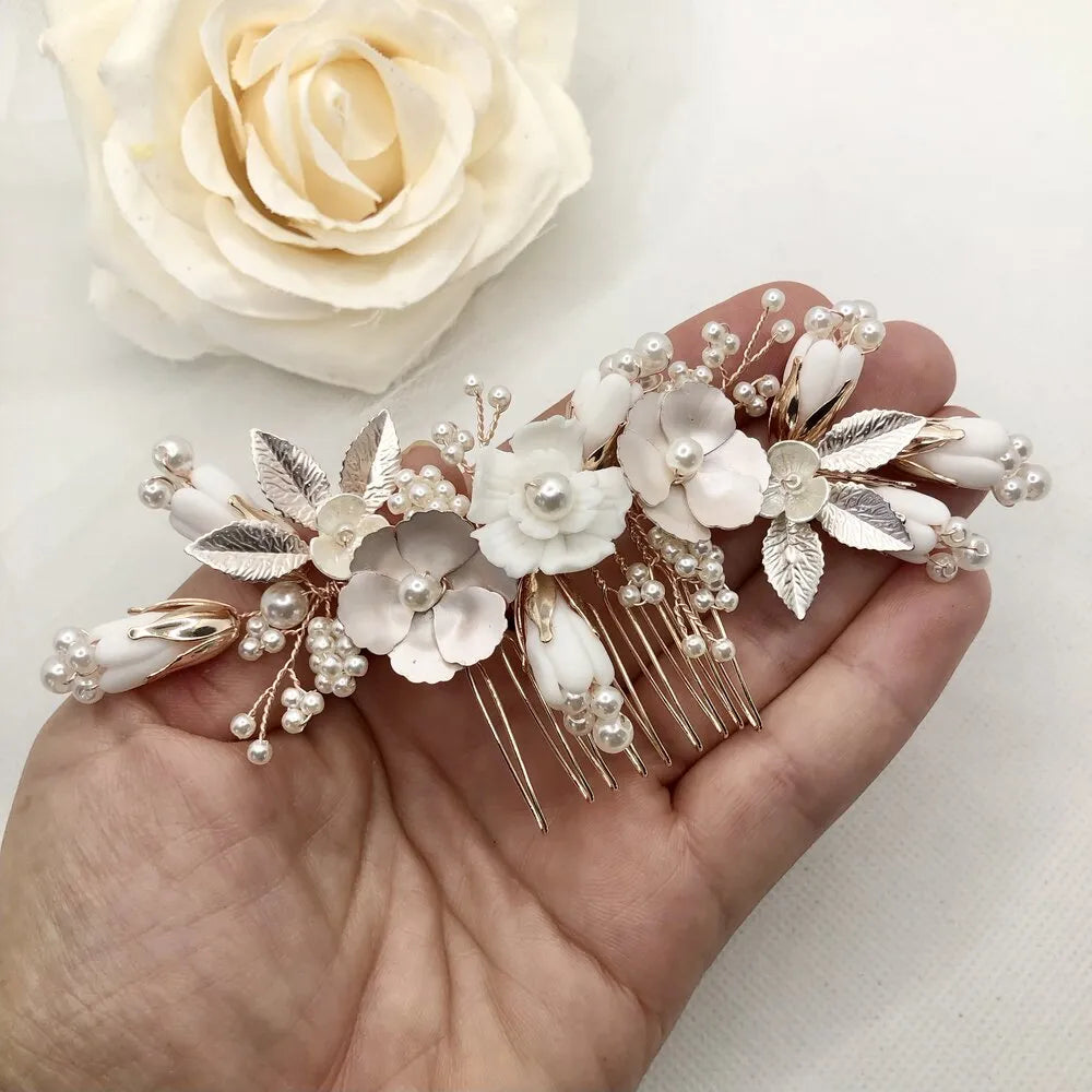 Wedding Hair Accessories - Pearl and Ceramic Flowers Bridal Hair Comb - Available in Silver, Gold and Rose Gold