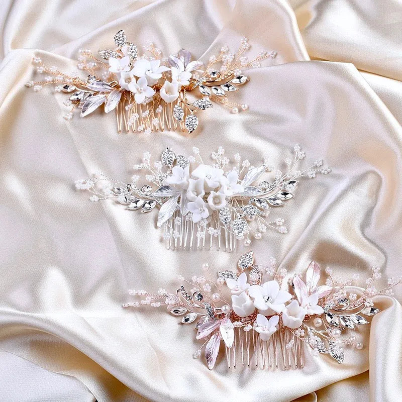Wedding Hair Accessories - Ceramic Flowers Bridal Hair Comb - Available in Silver, Rose Gold and Yellow Gold
