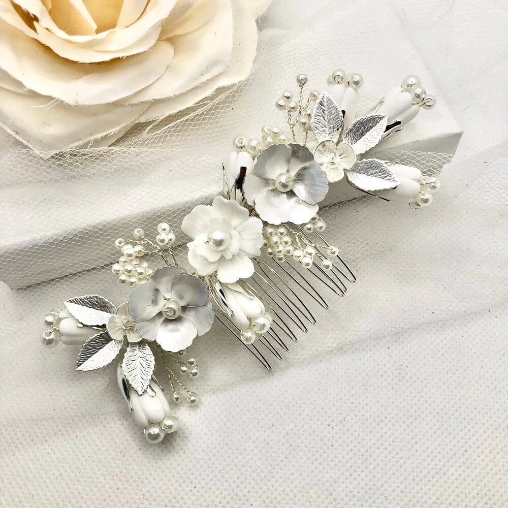 Wedding Hair Accessories - Pearl and Ceramic Flowers Bridal Hair Comb - Available in Silver, Gold and Rose Gold