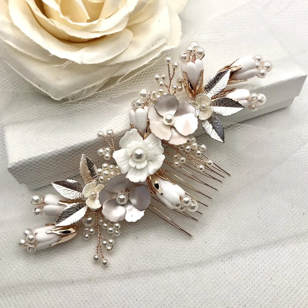 Wedding Hair Accessories - Pearl and Ceramic Flowers Bridal Hair Comb - Available in Silver, Gold and Rose Gold