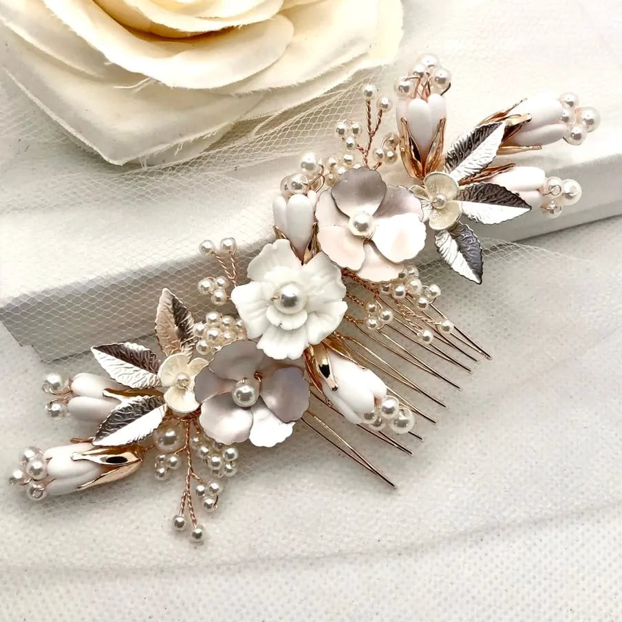 Wedding Hair Accessories - Pearl and Ceramic Flowers Bridal Hair Comb - Available in Silver, Gold and Rose Gold