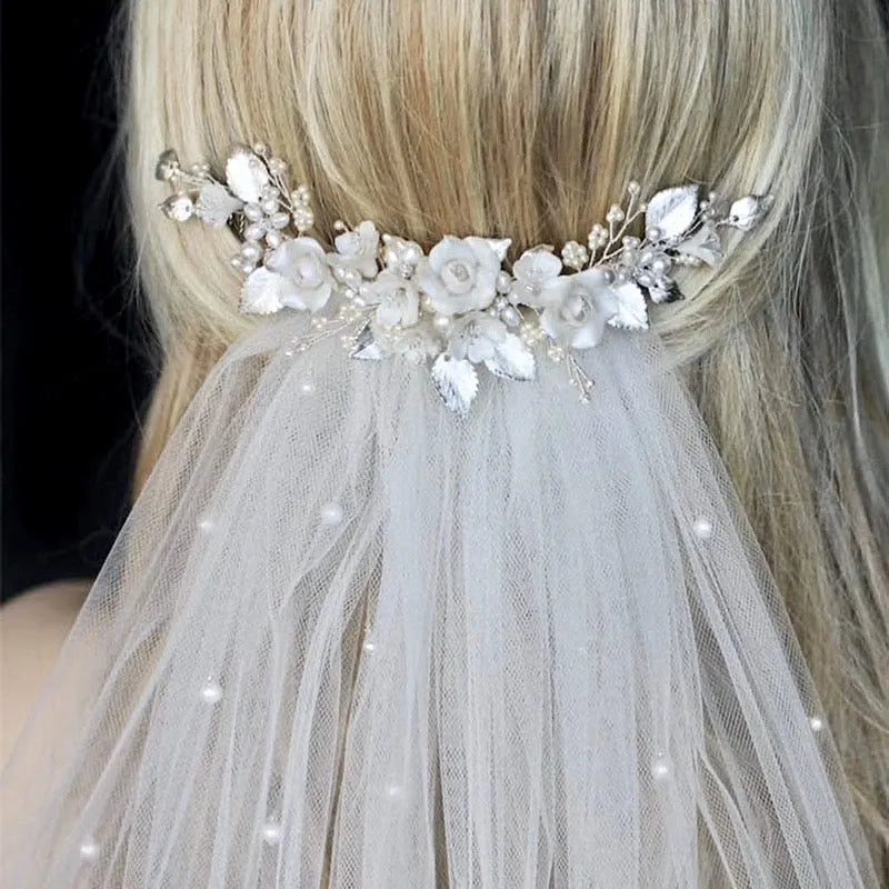 Wedding Hair Accessories - Ceramic Flowers Silver Bridal Hair Comb / Vine