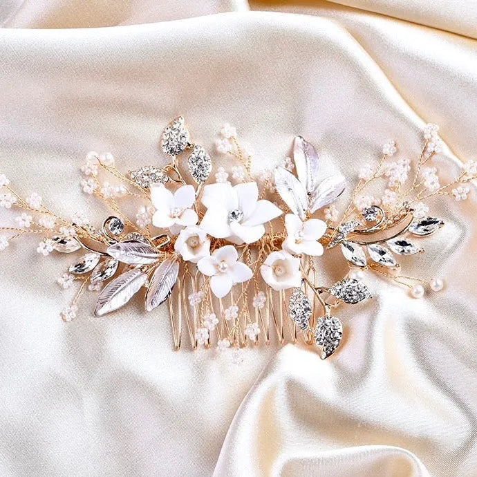 Wedding Hair Accessories - Ceramic Flowers Bridal Hair Comb - Available in Silver, Rose Gold and Yellow Gold