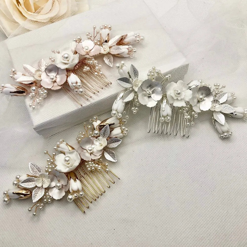 Wedding Hair Accessories - Pearl and Ceramic Flowers Bridal Hair Comb - Available in Silver, Gold and Rose Gold