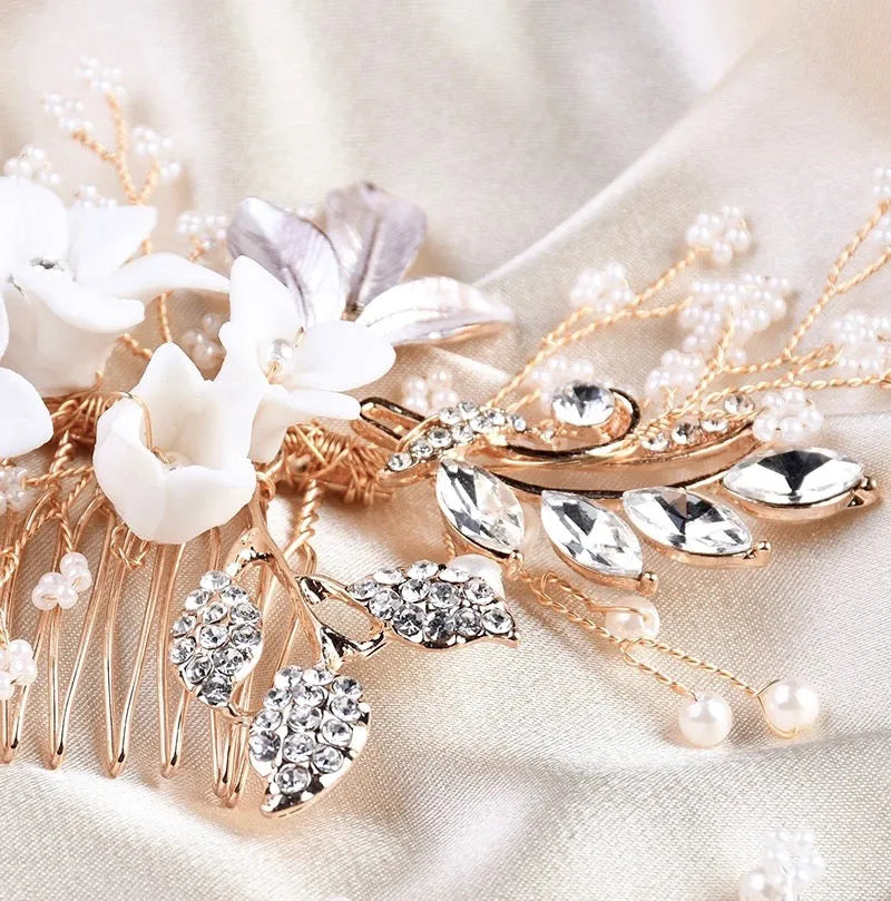 Wedding Hair Accessories - Ceramic Flowers Bridal Hair Comb - Available in Silver, Rose Gold and Yellow Gold