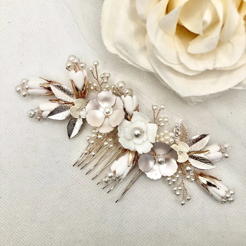 Wedding Hair Accessories - Pearl and Ceramic Flowers Bridal Hair Comb - Available in Silver, Gold and Rose Gold