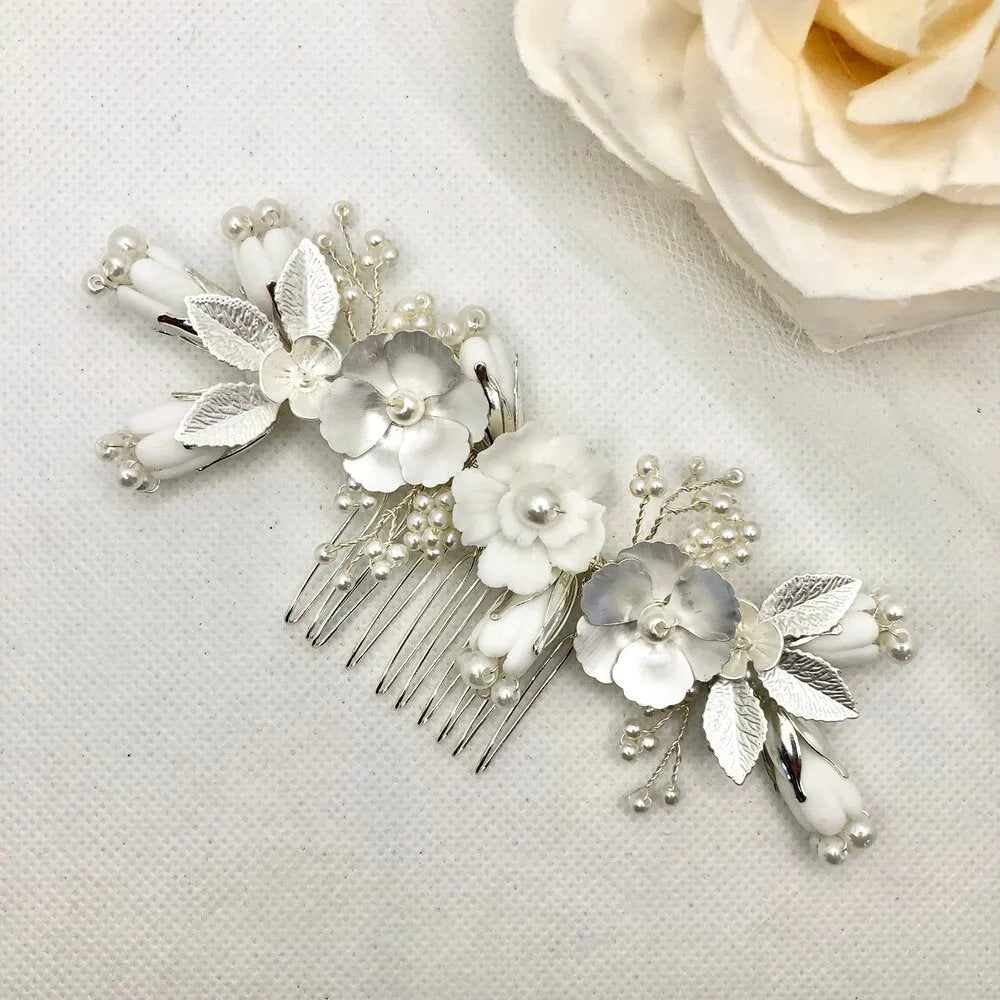 Wedding Hair Accessories - Pearl and Ceramic Flowers Bridal Hair Comb - Available in Silver, Gold and Rose Gold