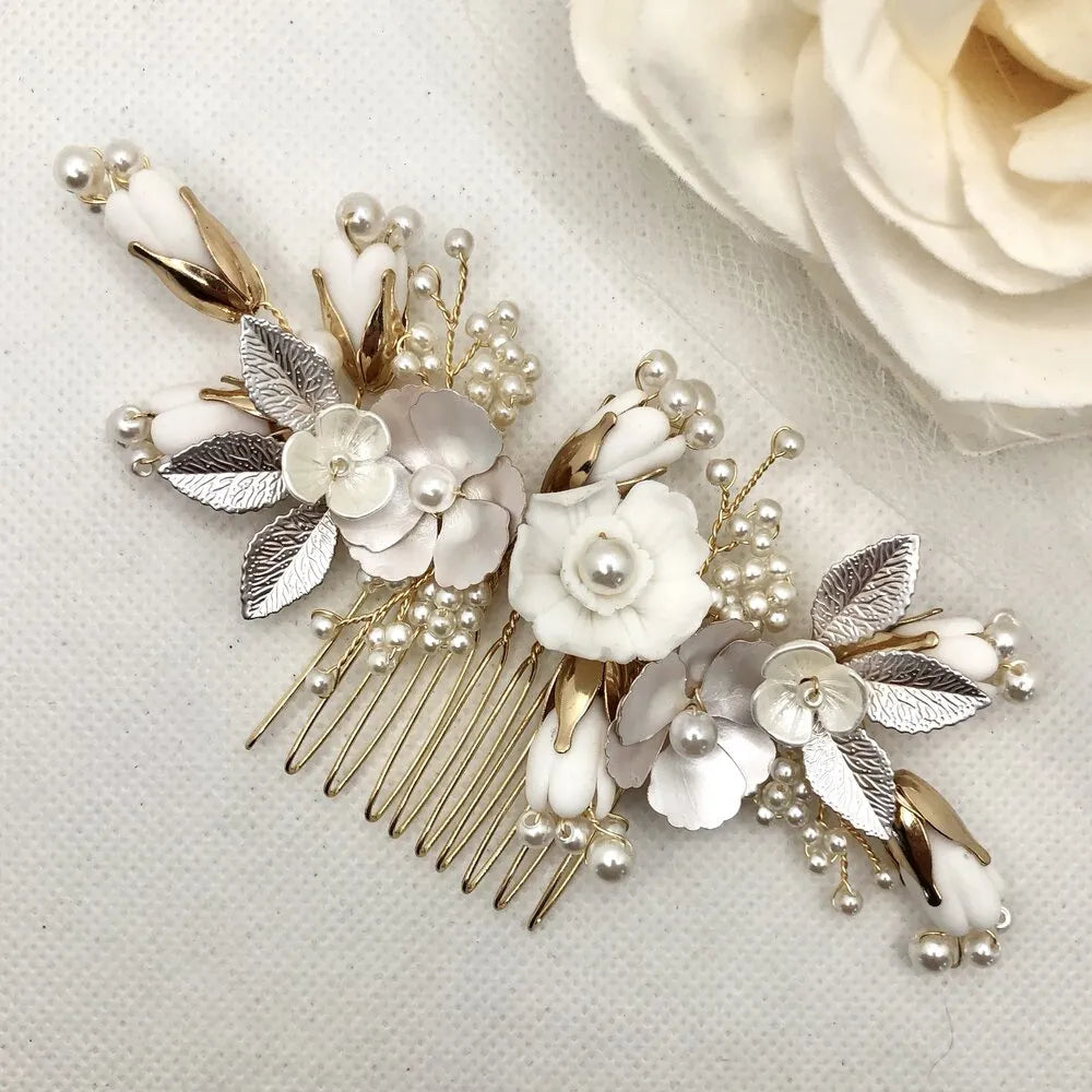 Wedding Hair Accessories - Pearl and Ceramic Flowers Bridal Hair Comb - Available in Silver, Gold and Rose Gold