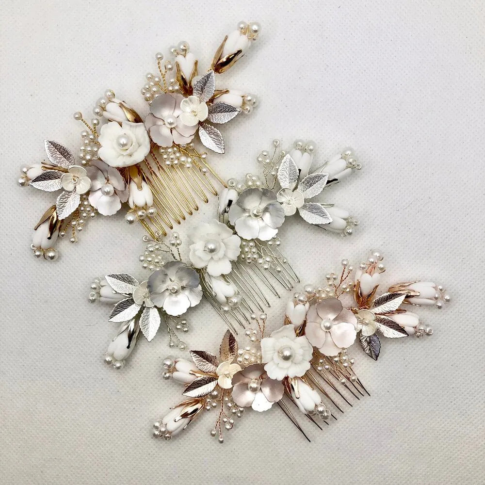 Wedding Hair Accessories - Pearl and Ceramic Flowers Bridal Hair Comb - Available in Silver, Gold and Rose Gold