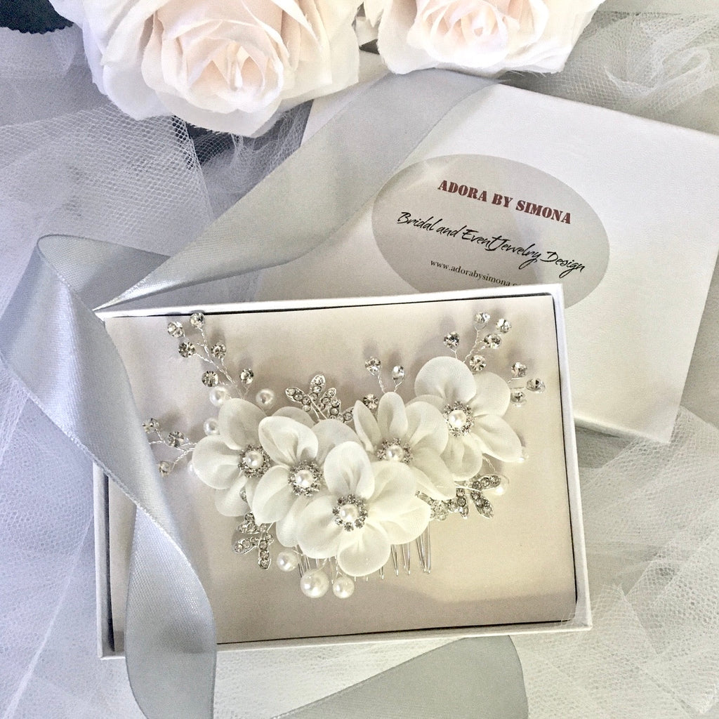 Wedding Hair Accessories - Silver Pearl and Crystal Bridal Hair Comb/Clip