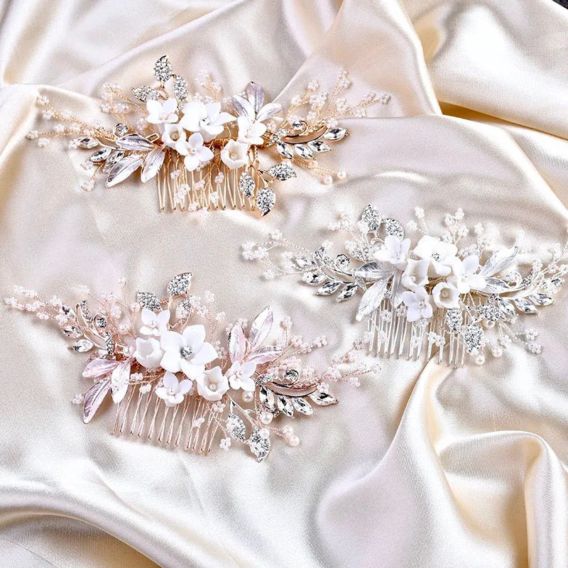 Wedding Hair Accessories - Ceramic Flowers Bridal Hair Comb - Available in Silver, Rose Gold and Yellow Gold