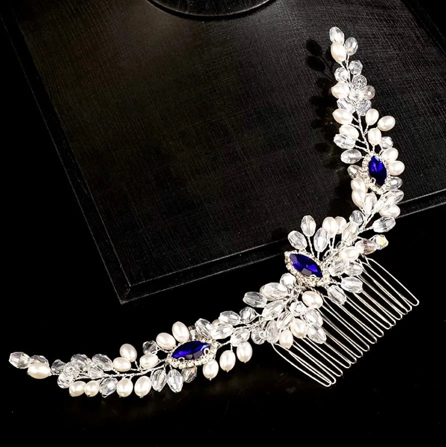 Wedding Hair Accessories - Blue Crystal and Pearl Bridal Hair Comb / Hair Vine